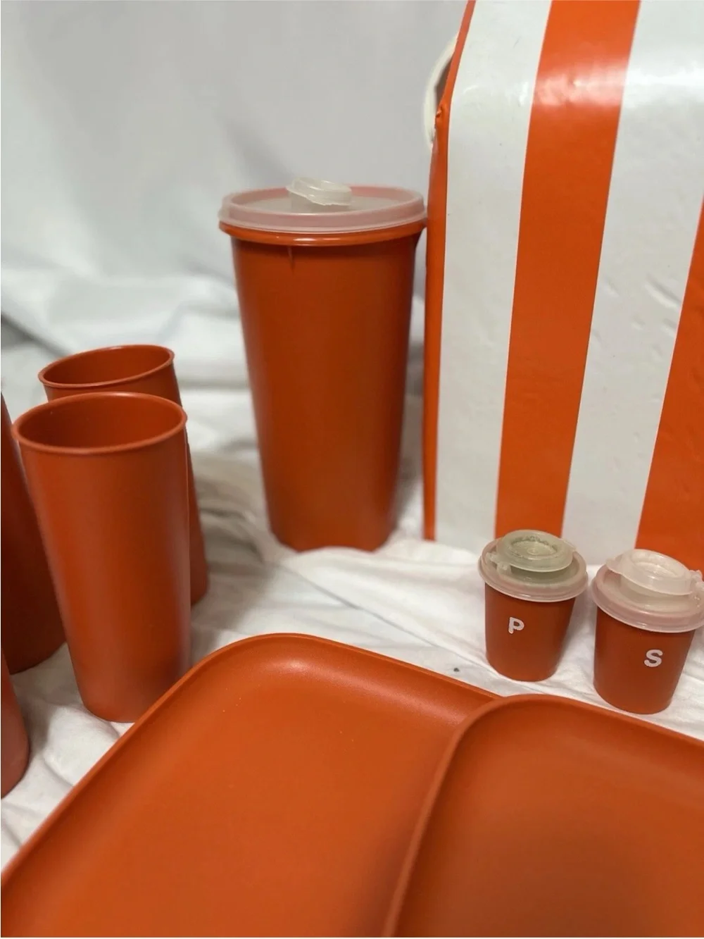 Vintage Tupperware Picnic Set Orange & White Plates, Pitcher, Bowls, Condiment